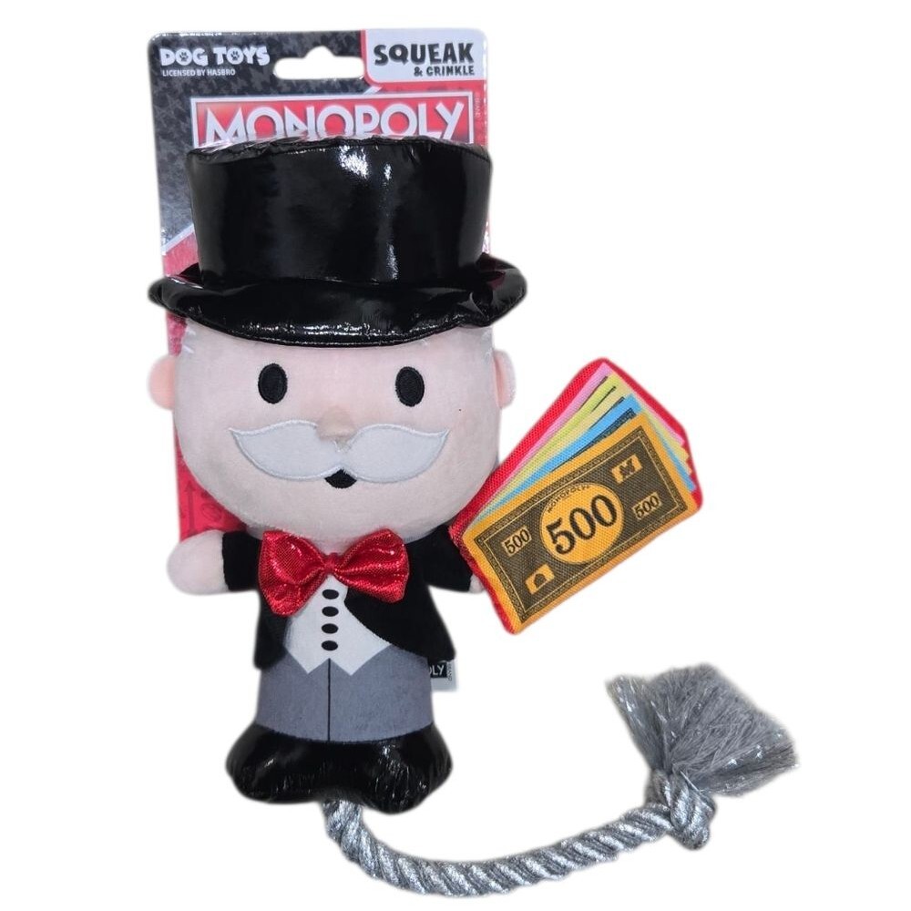 Hasbro Monopoly Mr. Moneybags Squeak & Crinkle Plush Dog Toy Rope tug🐾🐕